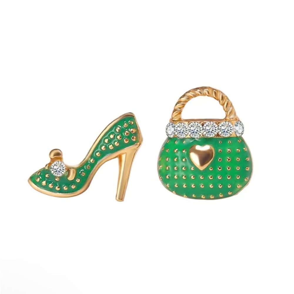 NEW Green High Heel & Purse Rhinestone Earrings